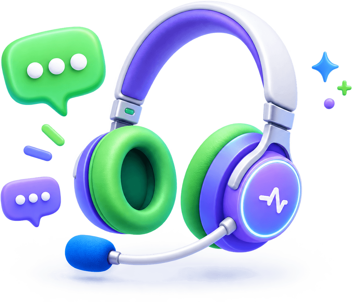 A headset surrounded by chat bubbles, representing live human support